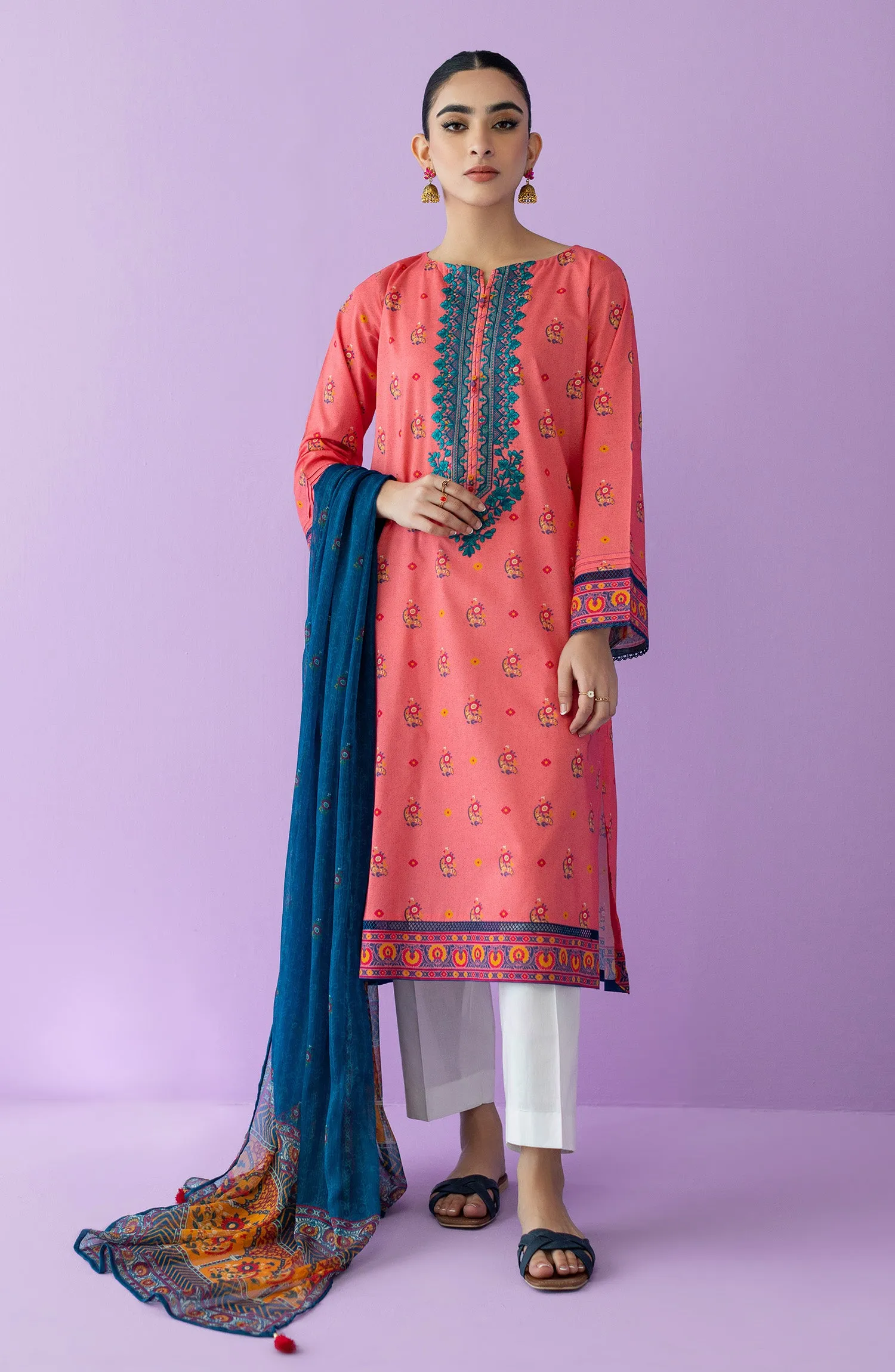 Unstitched 2 Piece Embroidered Lawn Shirt and Bimber Chiffon Dupatta (NRDS-23-001/U PINK)