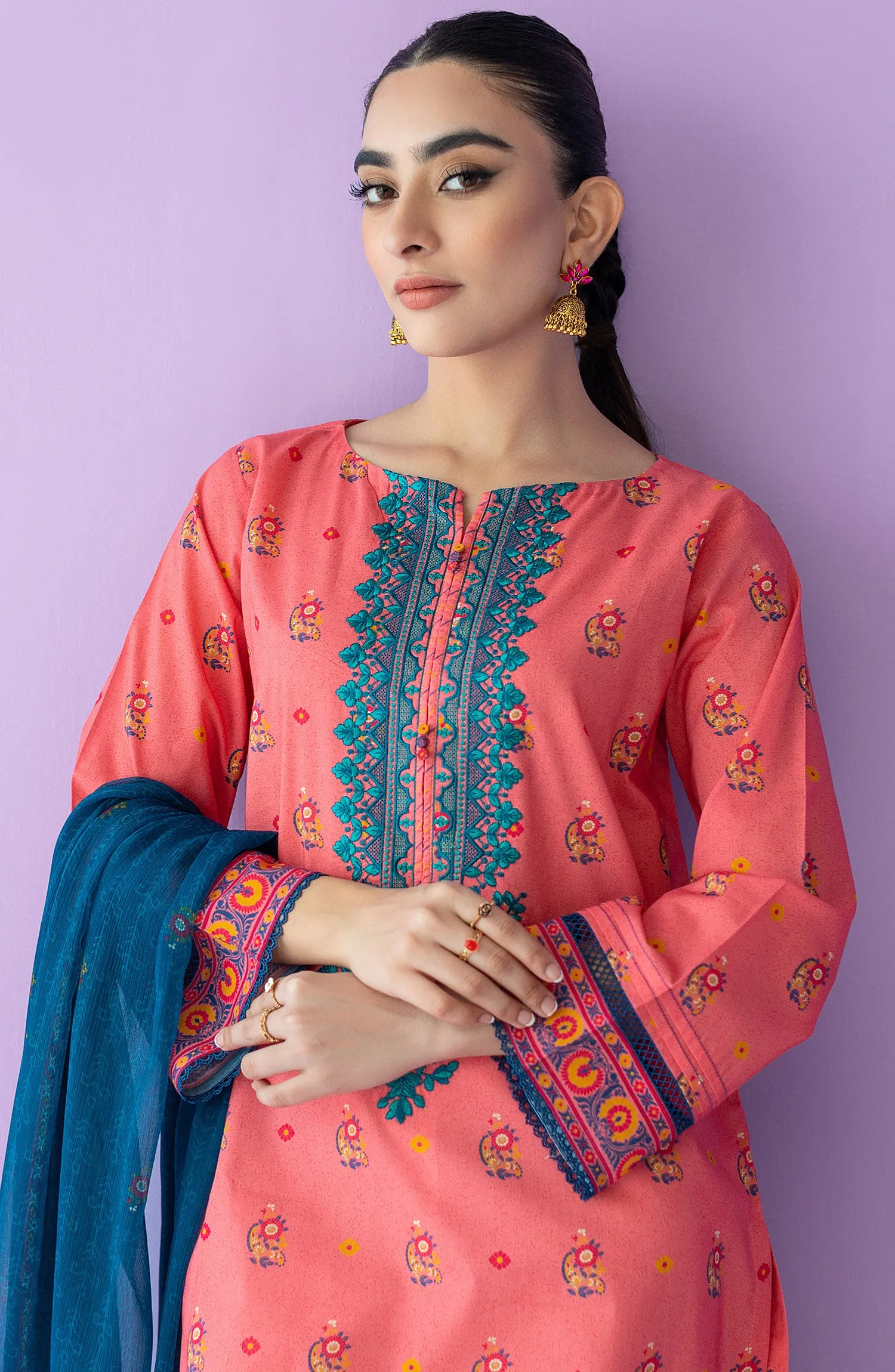 Unstitched 2 Piece Embroidered Lawn Shirt and Bimber Chiffon Dupatta (NRDS-23-001/U PINK)