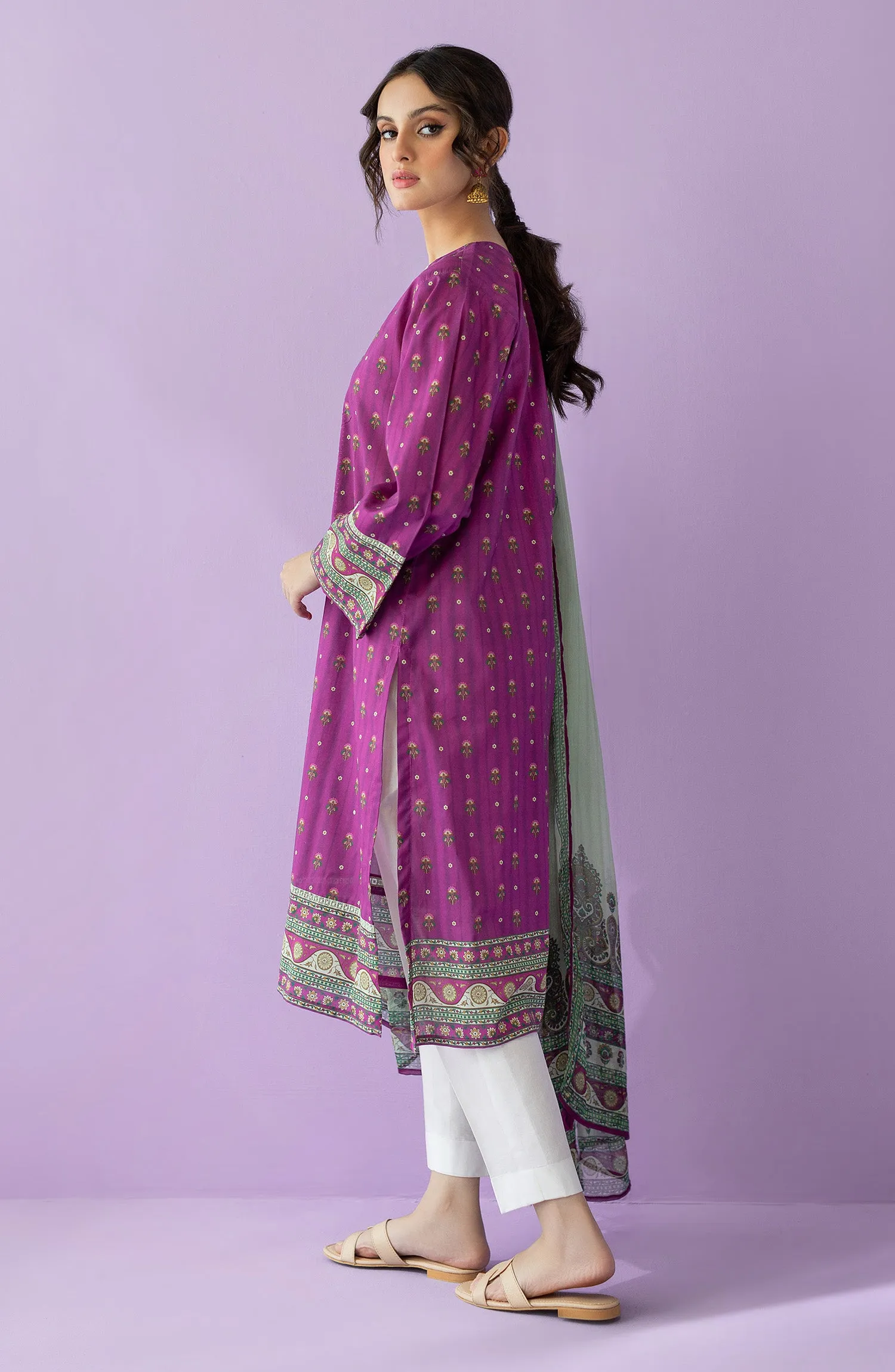 Unstitched 2 Piece Embroidered Lawn Shirt and Bimber Chiffon Dupatta (NRDS-23-003/U PURPLE)