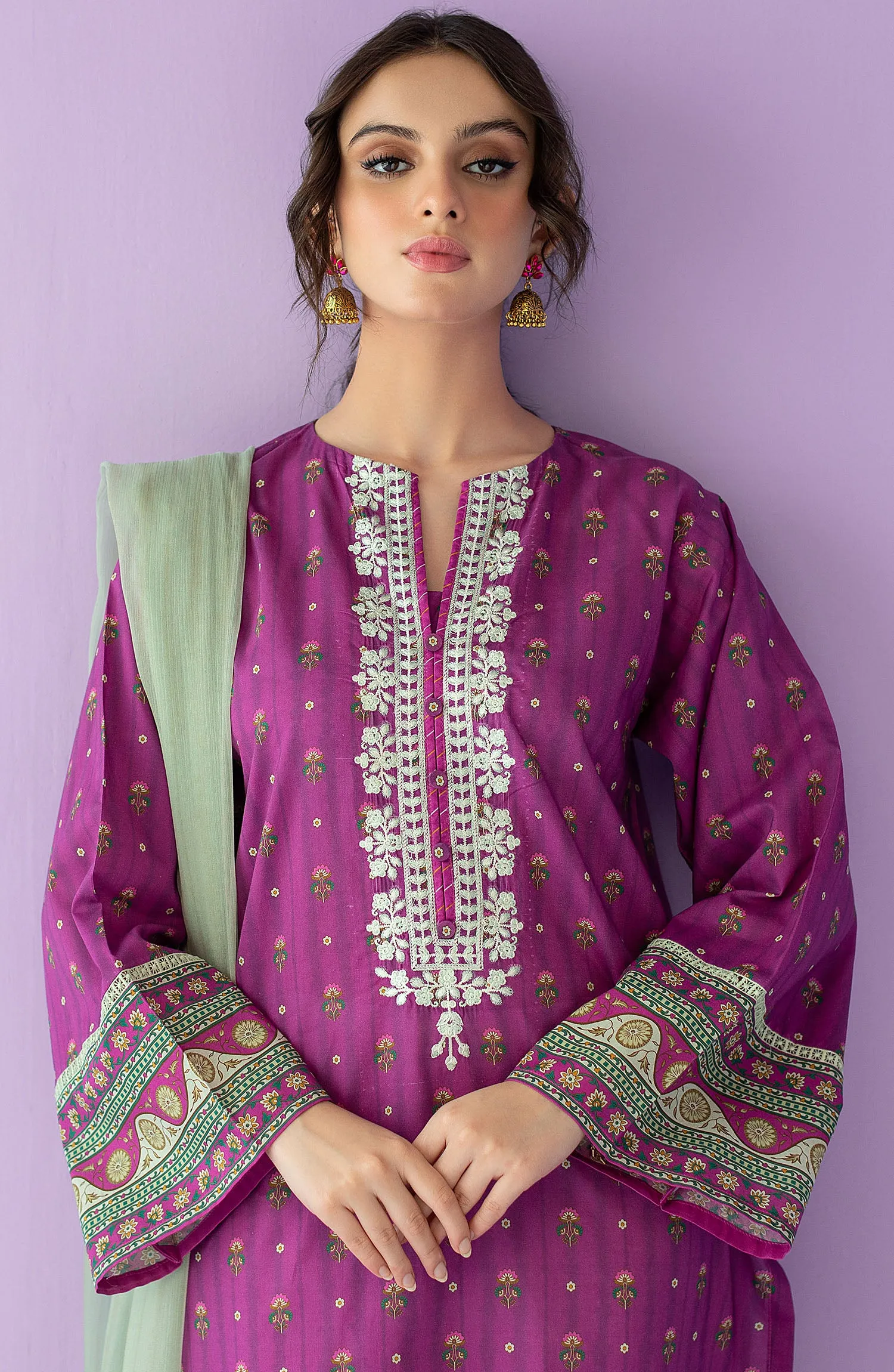 Unstitched 2 Piece Embroidered Lawn Shirt and Bimber Chiffon Dupatta (NRDS-23-003/U PURPLE)