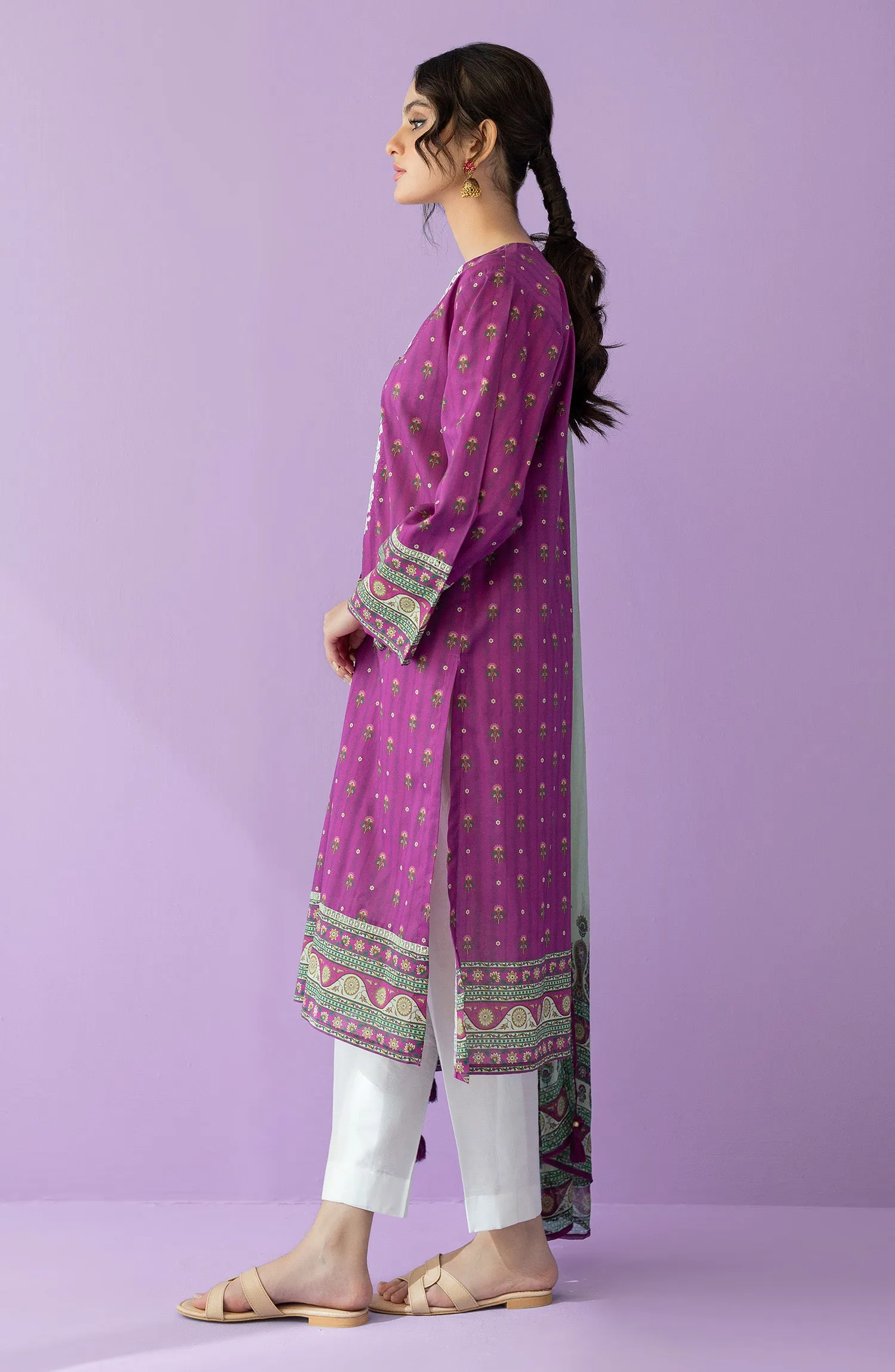 Unstitched 2 Piece Embroidered Lawn Shirt and Bimber Chiffon Dupatta (NRDS-23-003/U PURPLE)