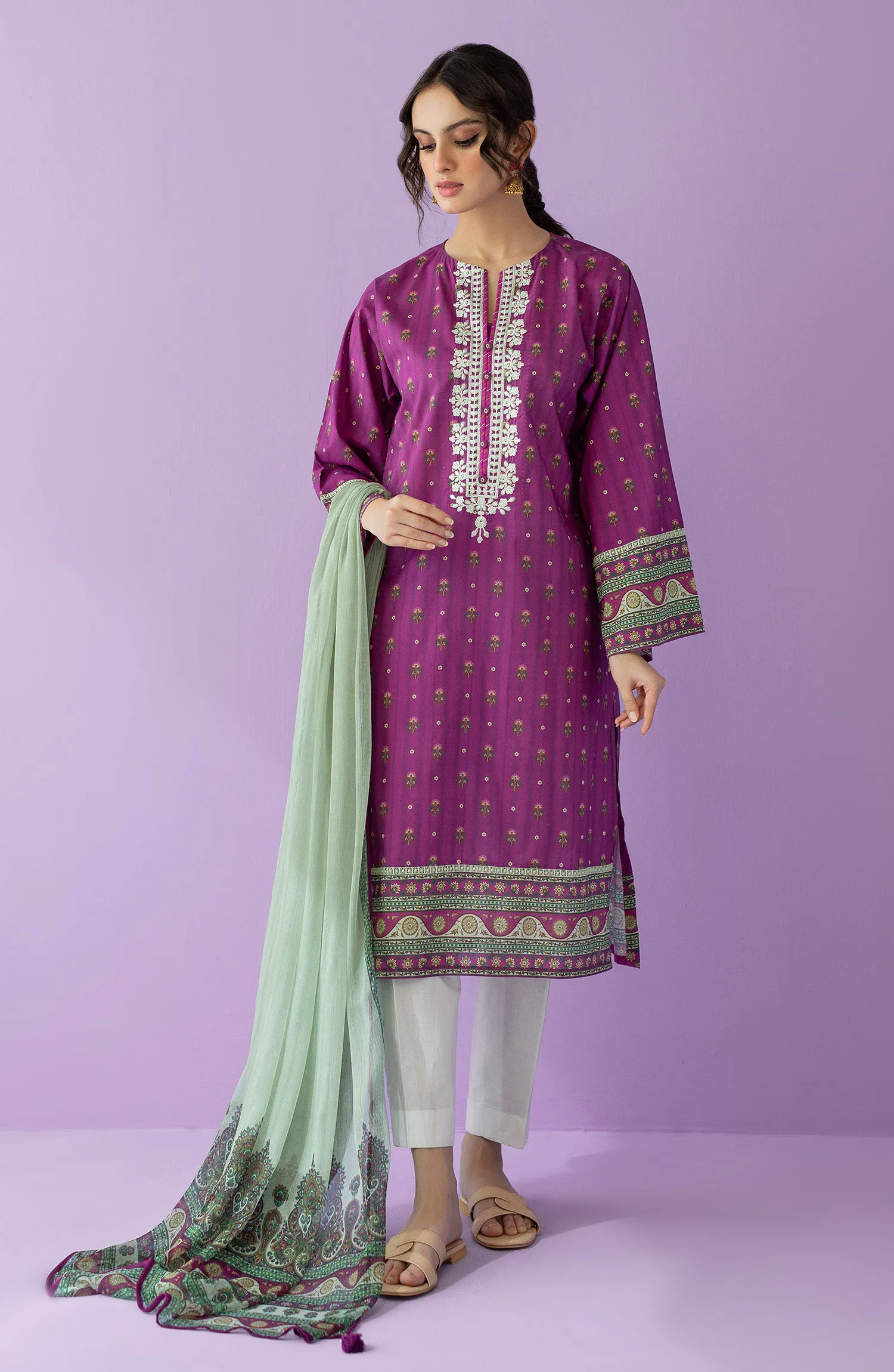 Unstitched 2 Piece Embroidered Lawn Shirt and Bimber Chiffon Dupatta (NRDS-23-003/U PURPLE)
