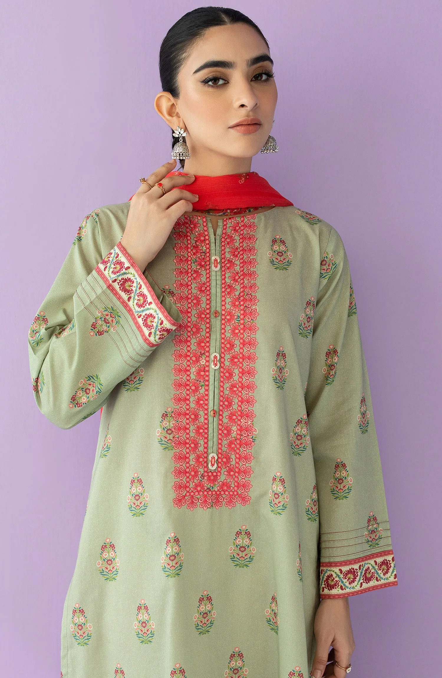 Unstitched 2 Piece Embroidered Lawn Shirt and Bimber Chiffon Dupatta (NRDS-23-004/U BEIGE)