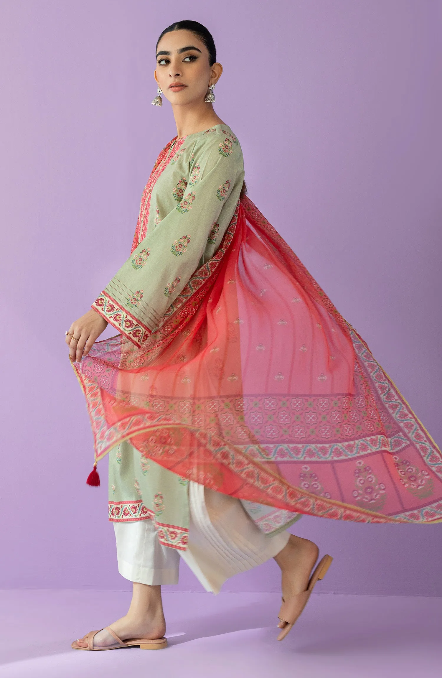 Unstitched 2 Piece Embroidered Lawn Shirt and Bimber Chiffon Dupatta (NRDS-23-004/U BEIGE)