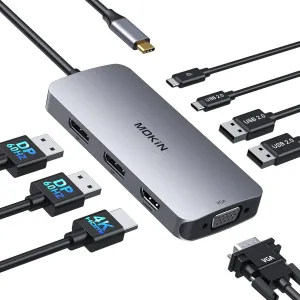 USB C Docking Station Dual DisplayPort, 8 in 1 Hub with 2 DP, HDMI, VGA, USB C 2.0, 2 USB A 2.0, PD Charging Port, Multi Monitor Adapter for Dell/HP/Lenovo Laptops