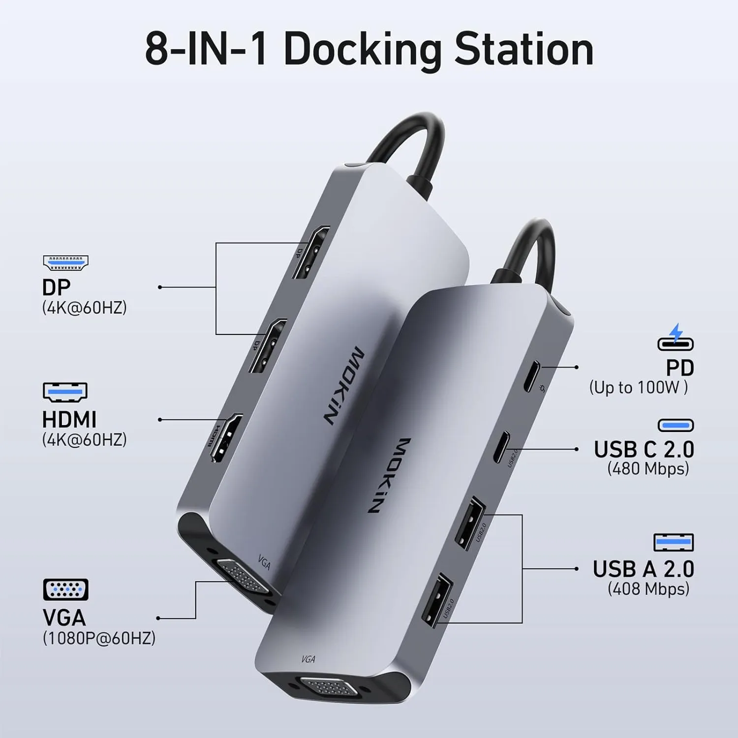 USB C Docking Station Dual DisplayPort, 8 in 1 Hub with 2 DP, HDMI, VGA, USB C 2.0, 2 USB A 2.0, PD Charging Port, Multi Monitor Adapter for Dell/HP/Lenovo Laptops