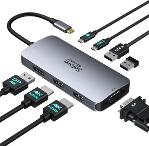 USB C Docking Station Dual HDMI Monitor Adapter, Selore USB C Hub 3 Monitors Adapter with Dual HDMI, Displayport, VGA, 100W PD Charging, 3USB 2.0 Ports Adapter for Dell XPS, HP, Lenovo, etc