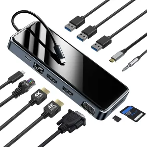 USB C Docking Station Dual Monitor,12 in 1 Triple Display for Dell/HP/Lenovo/Surface Laptop,USB C Hub Multiport Adapter Dongle with 2 HDMI 4K, VGA,3 USB3.0, 100WPD,SD/TF, Audio