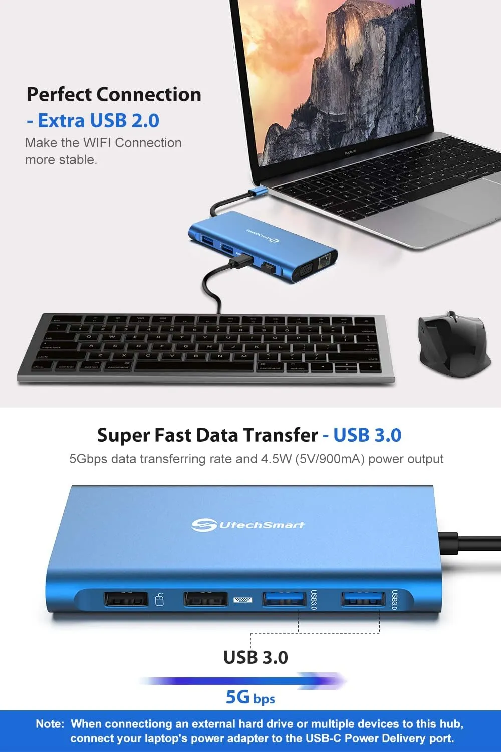 UtechSmart Docking Station, Triple Monitors USB C Laptop Docking Station, 11-1 USB C Dock with 2 HDMI, VGA, PD3.0, SD TF Card Slot, 4 USB Ports USB-C Adapter Compatible for MacBook & Windows(Blue)