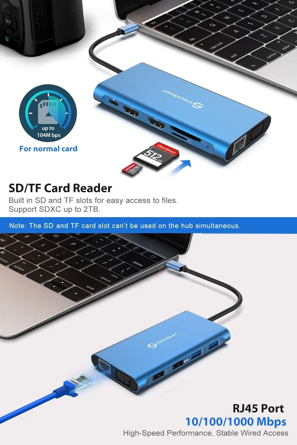 UtechSmart Docking Station, Triple Monitors USB C Laptop Docking Station, 11-1 USB C Dock with 2 HDMI, VGA, PD3.0, SD TF Card Slot, 4 USB Ports USB-C Adapter Compatible for MacBook & Windows(Blue)