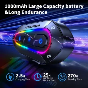 VCOROS Motorcycle Helmet Headset with 16-Types RGB Dazzling Lights, VR2 Motorcycle Helmet Speakers with Automatic Answer/Dual Noise System/AI Voice/Call Music Control/IPX6 (Hard Microphone)