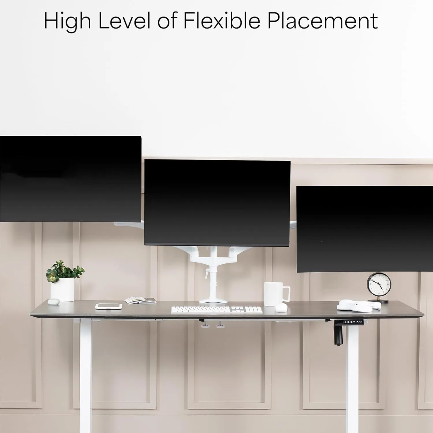 VIVO 17 to 32 inch Triple Pneumatic Monitor Mount, 2 Pneumatic Arms, 1 Fixed, Adjustable Swivel, Rotation, Heavy Duty VESA Desk Stand with C-clamp, Max VESA 100x100, White, STAND-V300GW