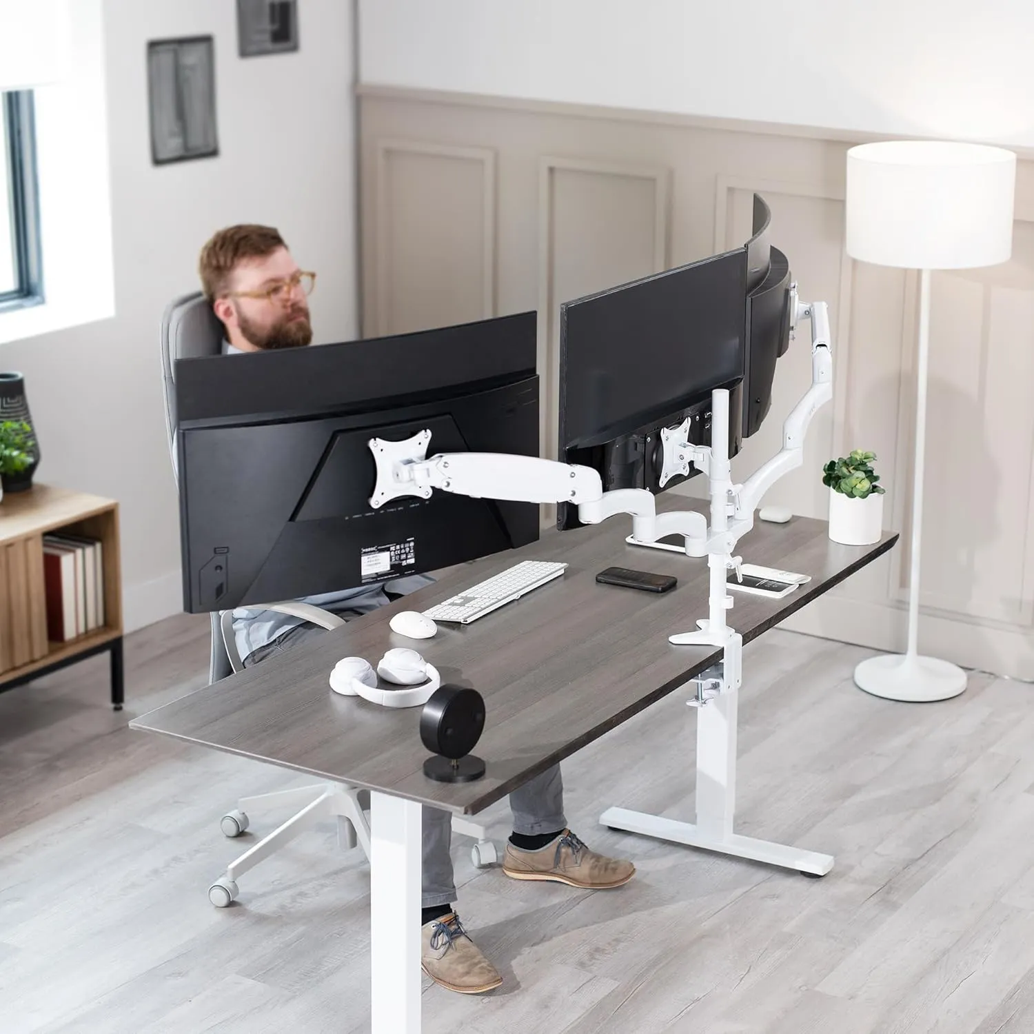 VIVO 17 to 32 inch Triple Pneumatic Monitor Mount, 2 Pneumatic Arms, 1 Fixed, Adjustable Swivel, Rotation, Heavy Duty VESA Desk Stand with C-clamp, Max VESA 100x100, White, STAND-V300GW