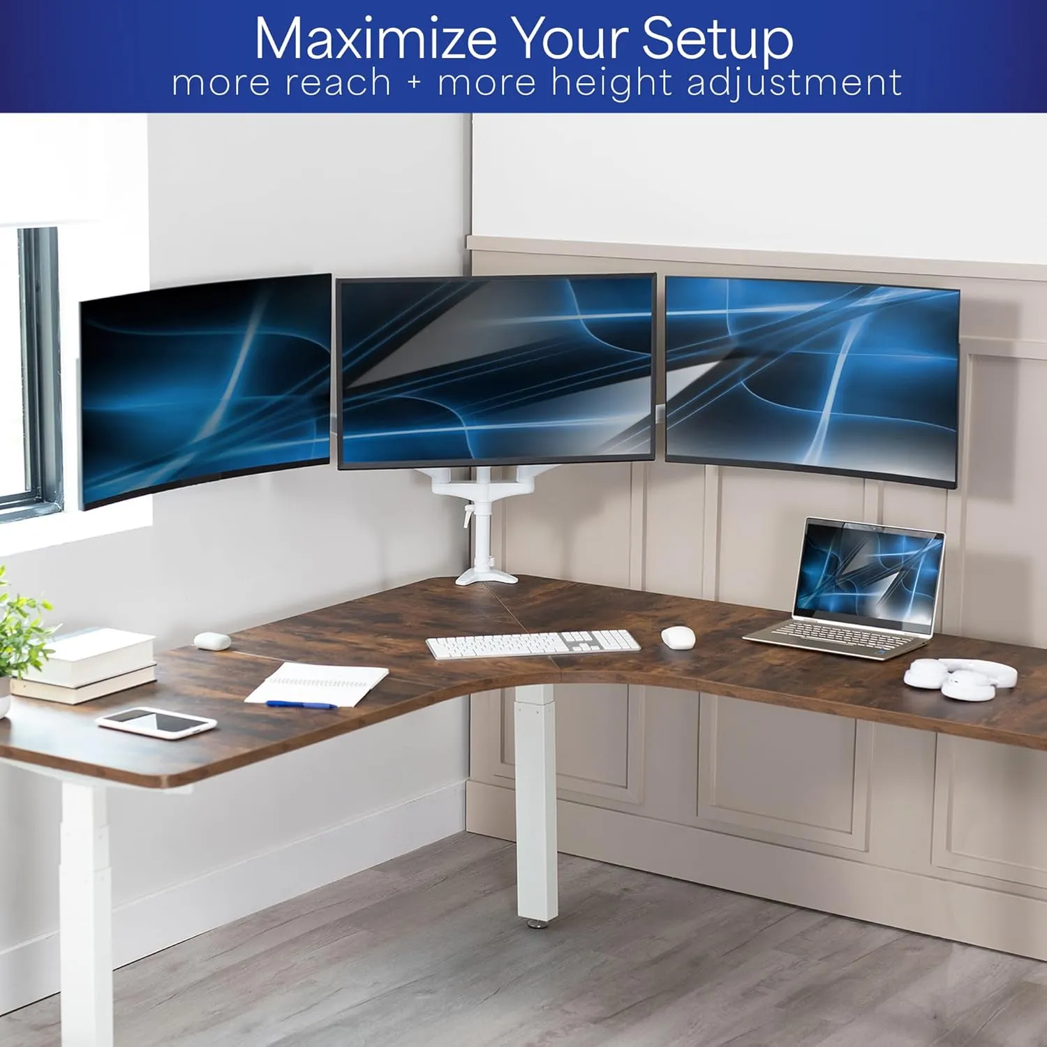 VIVO 17 to 32 inch Triple Pneumatic Monitor Mount, 2 Pneumatic Arms, 1 Fixed, Adjustable Swivel, Rotation, Heavy Duty VESA Desk Stand with C-clamp, Max VESA 100x100, White, STAND-V300GW