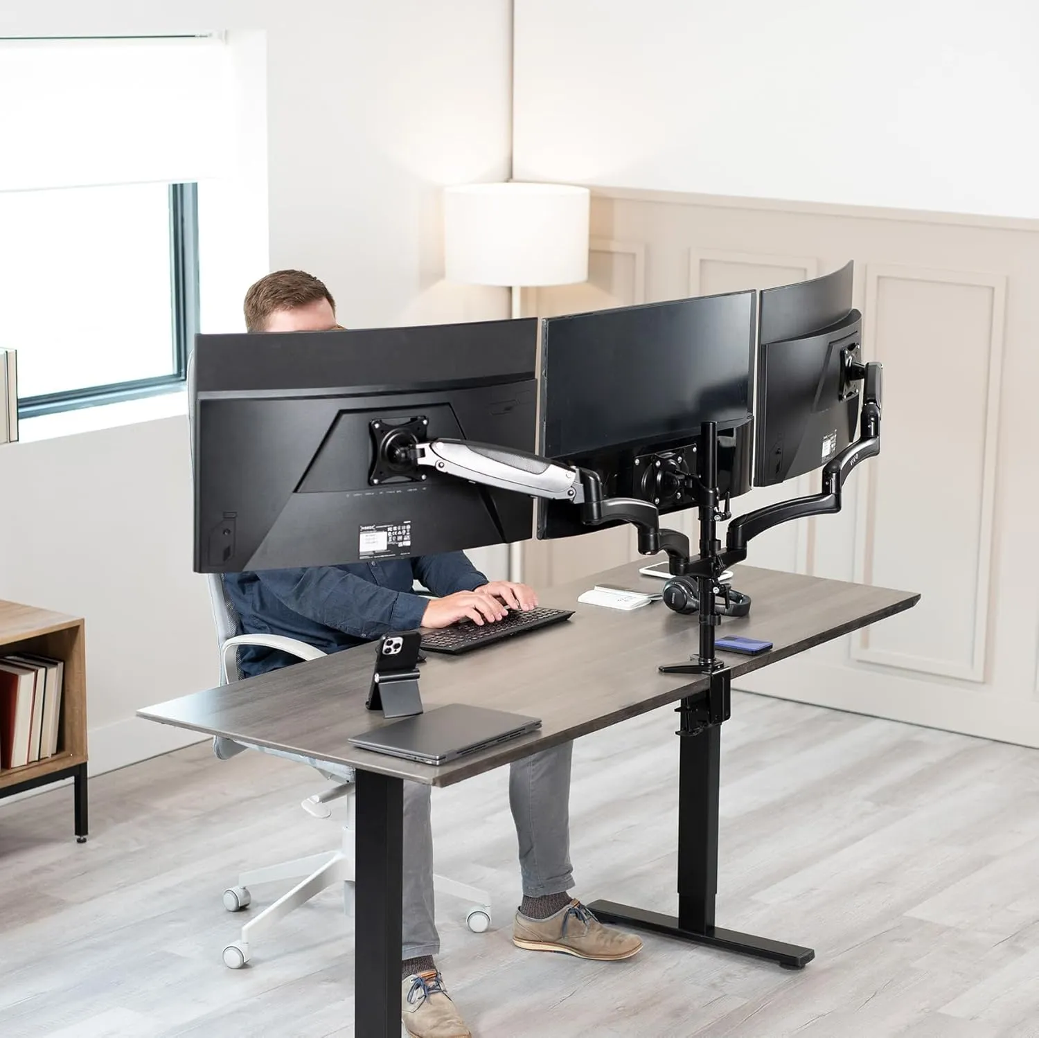 VIVO Triple Pneumatic Monitor Mount for 3 Screens up to 32 inches, Fully Adjustable, Heavy Duty Desk Stand with C-Clamp Grommet, Black, STAND-V300G