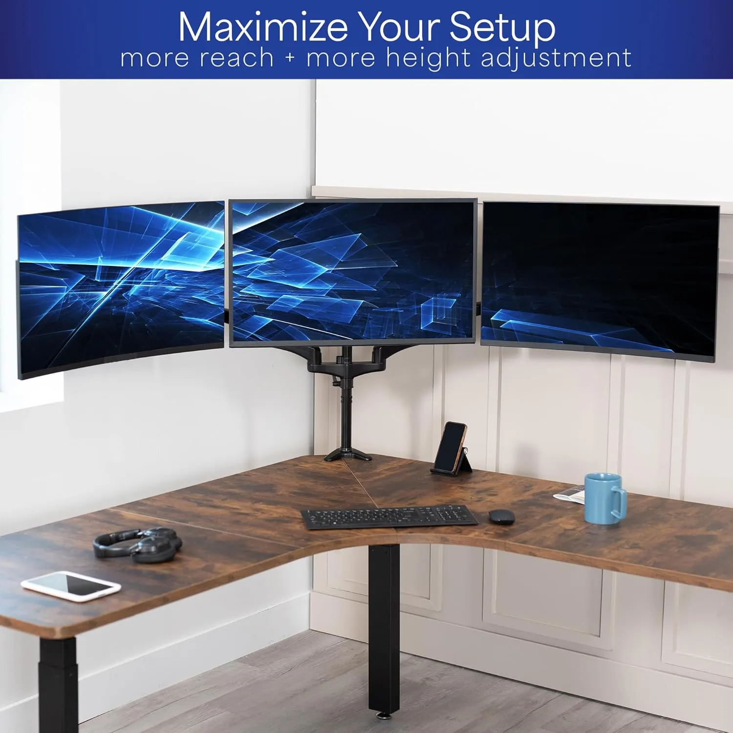 VIVO Triple Pneumatic Monitor Mount for 3 Screens up to 32 inches, Fully Adjustable, Heavy Duty Desk Stand with C-Clamp Grommet, Black, STAND-V300G