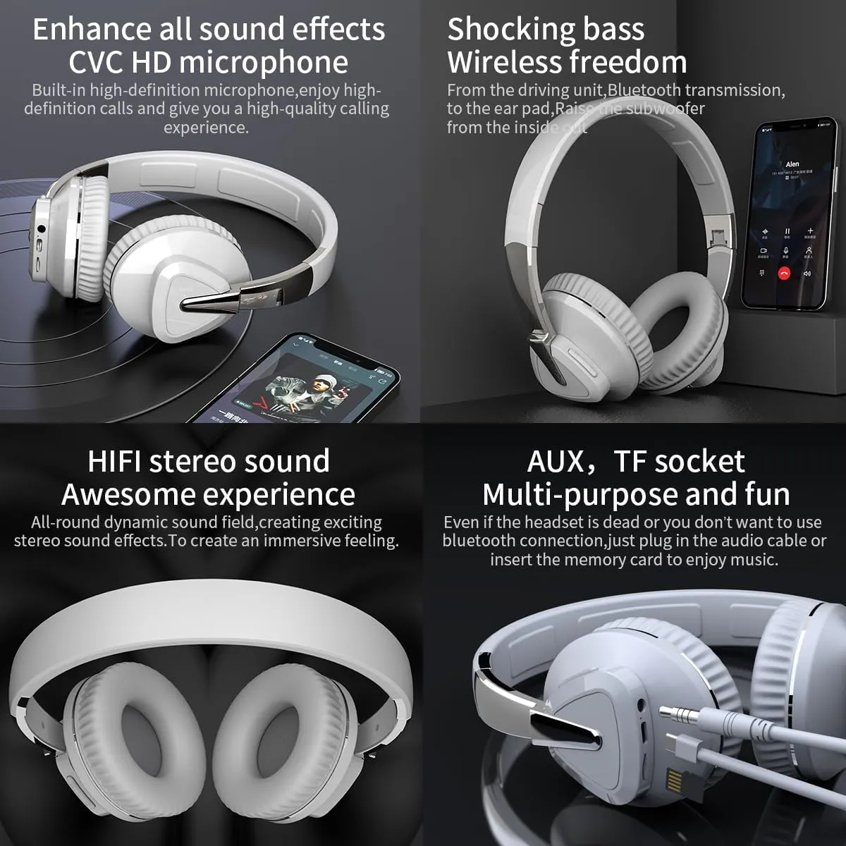 Wireless Bluetooth Headphones over The Ear with Mic, 2-core V5.0 Lossless, 24hrs Playtime for Gym Men Women PC Cellphones (White), 2A537-H3