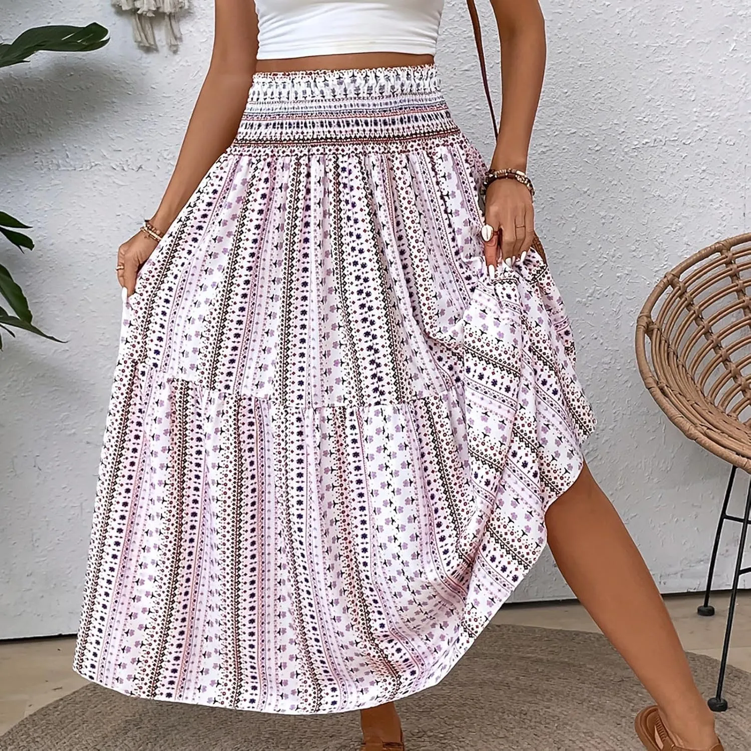 Women's 2024 Bohemian Long Skirts Flowy High Waist A-Line Maxi Skirts for Women Casual Summer Beach Pleated Skirts