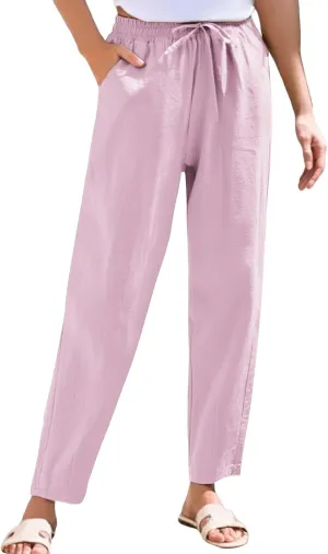 Women's Linen Capris Drawstring High Waisted Wide Leg Casual Beach Pants Summer Lounge Cropped Trousers with Pockets