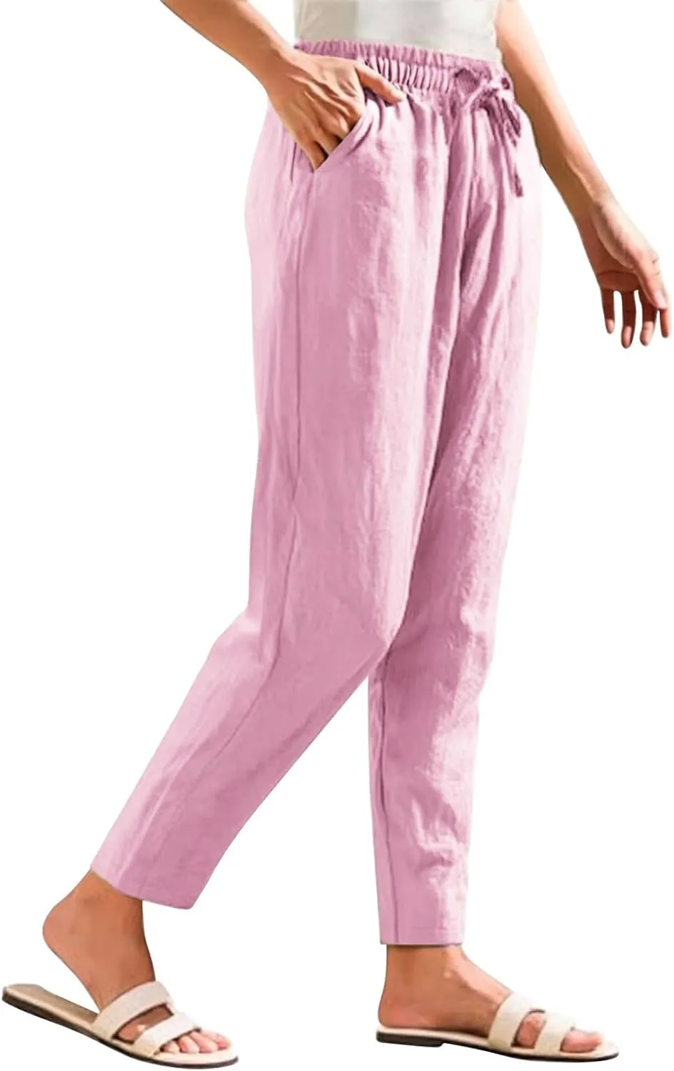 Women's Linen Capris Drawstring High Waisted Wide Leg Casual Beach Pants Summer Lounge Cropped Trousers with Pockets