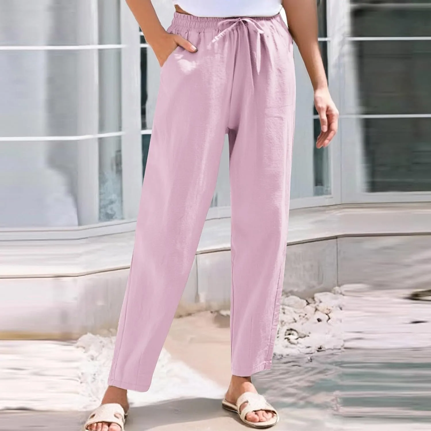 Women's Linen Capris Drawstring High Waisted Wide Leg Casual Beach Pants Summer Lounge Cropped Trousers with Pockets