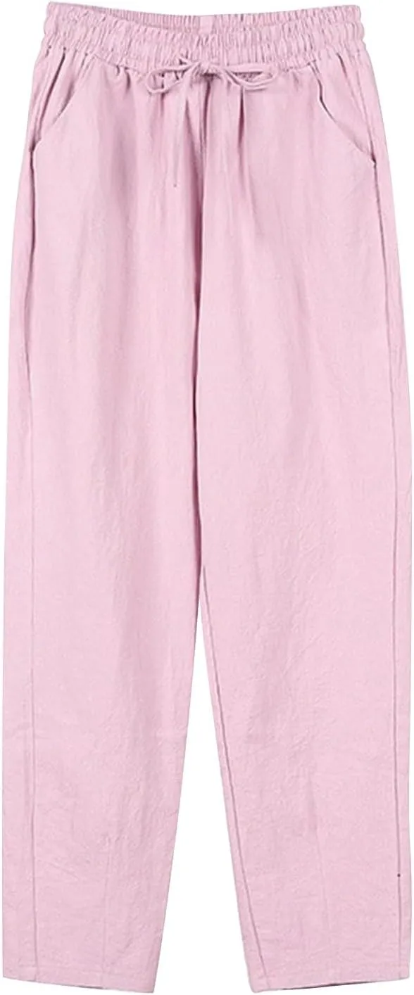 Women's Linen Capris Drawstring High Waisted Wide Leg Casual Beach Pants Summer Lounge Cropped Trousers with Pockets