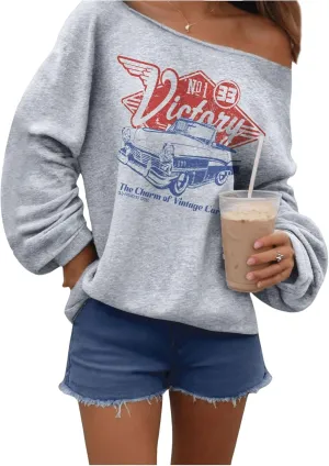 Women's Off The Shoulder Sweatshirts Graphic Long Sleeve Oversized Pullover Tops Streetwear Light Grey X-Large