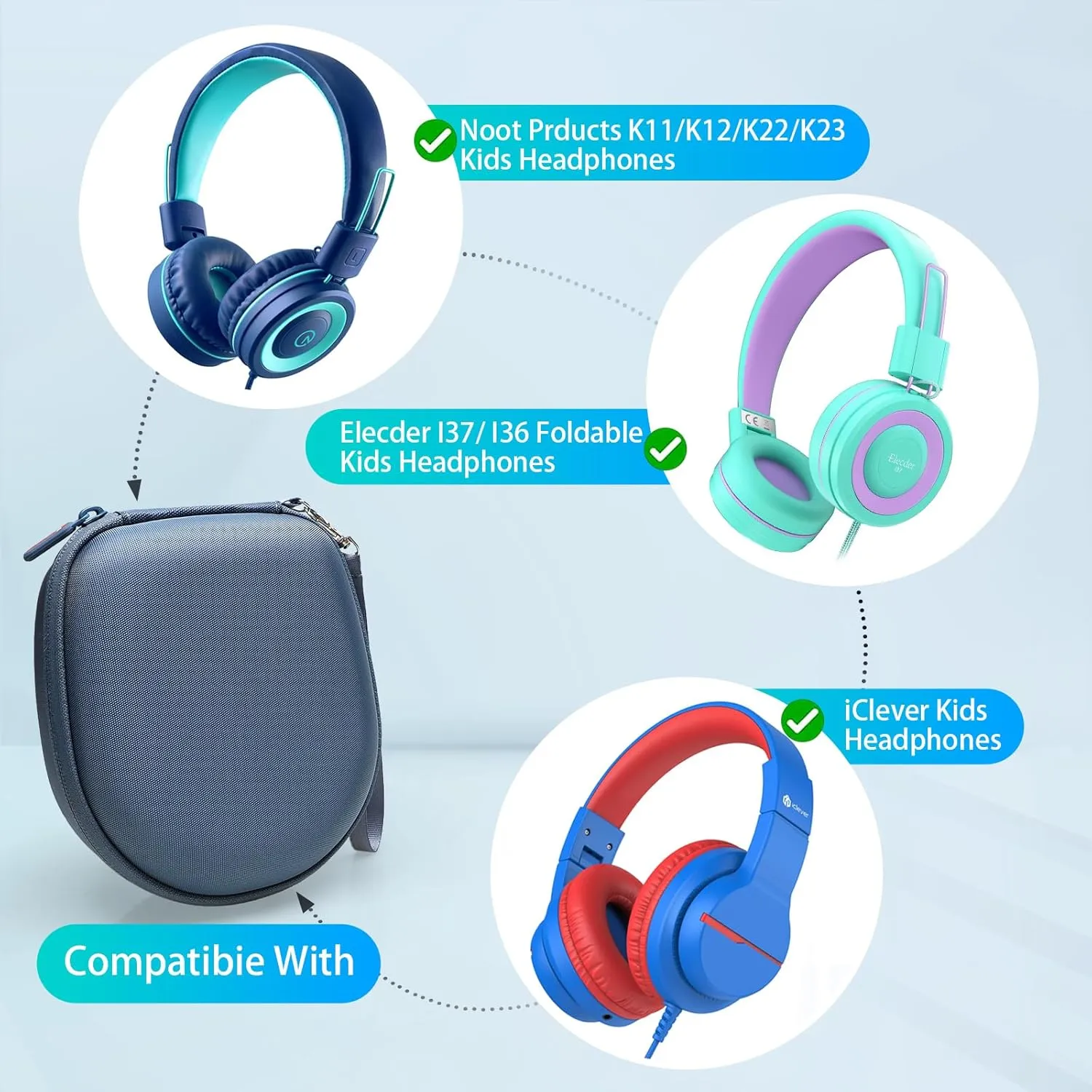 XANAD Blue Case for Kids Headphone - Elecder i37 / Noot K11 / iClever HS14 Foldable Wired On-Ear Headset (The Headset is not Included)