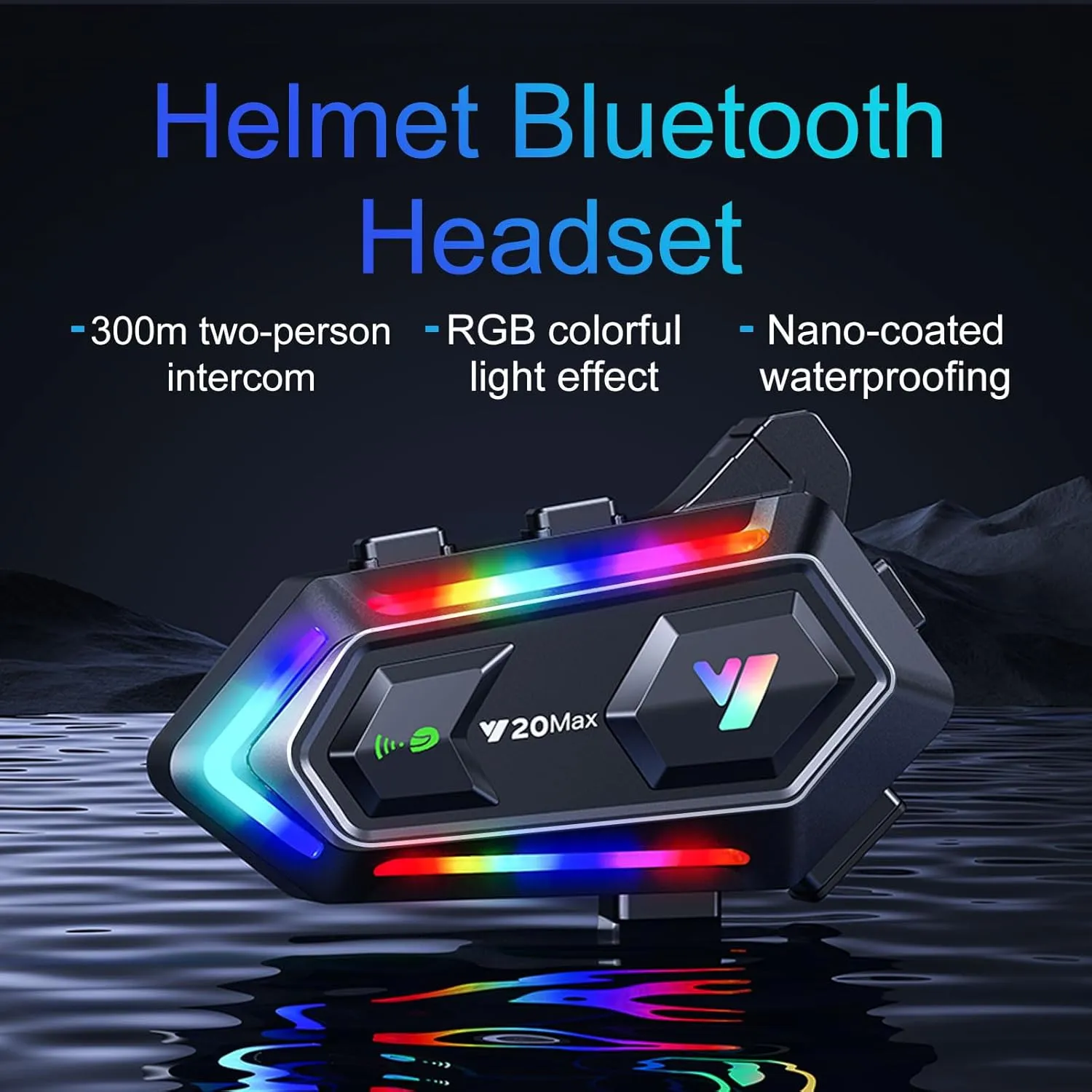 Y20MAX Motorcycle Helmet Bluetooth Headset, Flash Color RGB Lighting Effect, Bluetooth 5.3 Headphone, Smart Noise Reduction, HiFi Level Sound Quality, IPX6, Compatible with All Helmets